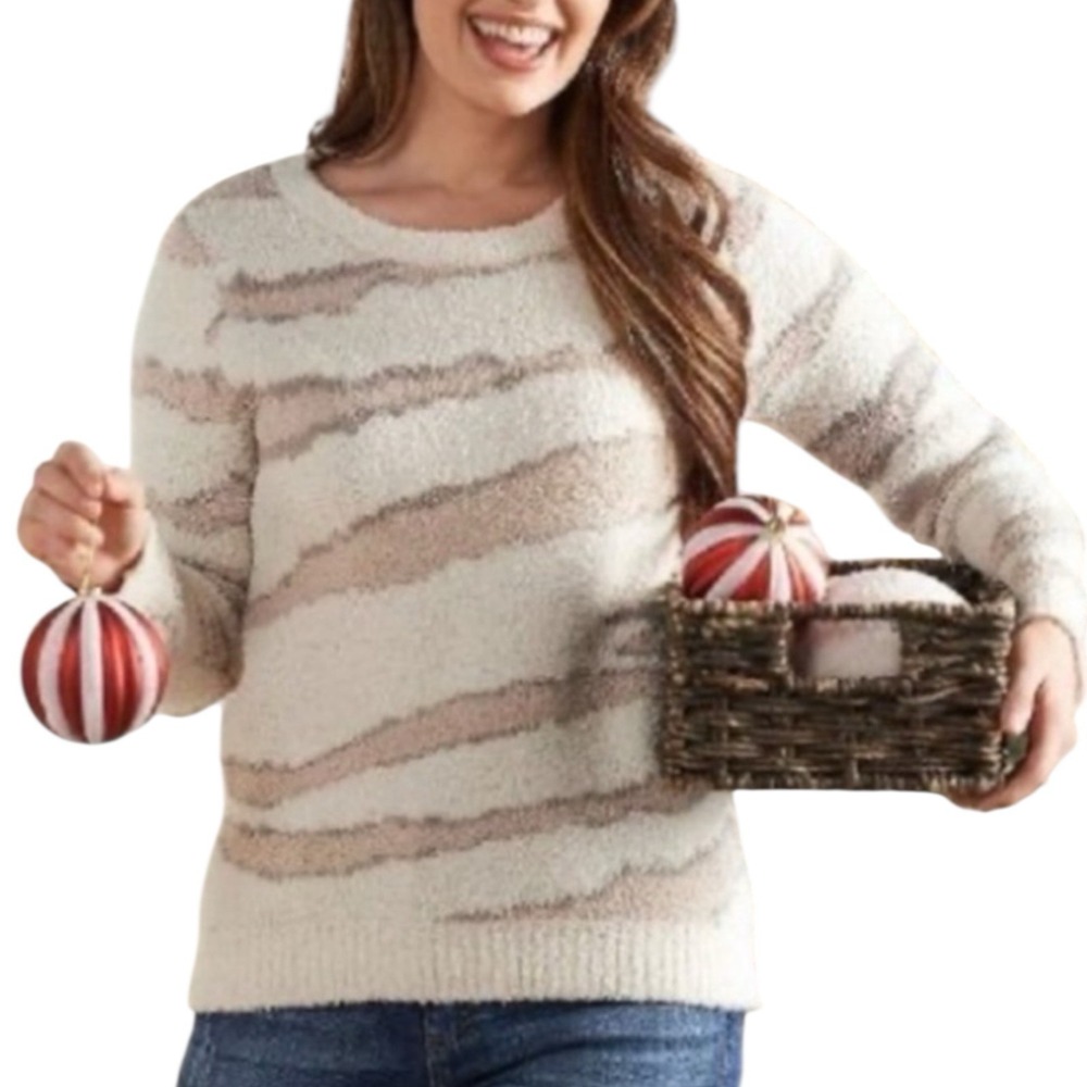 BAREFOOT DREAMS Crew Neck Sweater Size 3X Cream Tan Zebra Print Pull-over Soft
